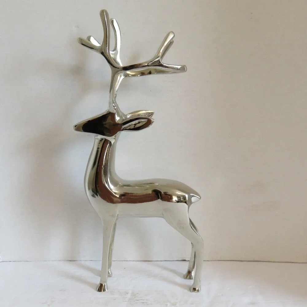 Modern Silver Polished Metal Reindeer Figurine 14 Inch Holiday Decor Stag Buck
